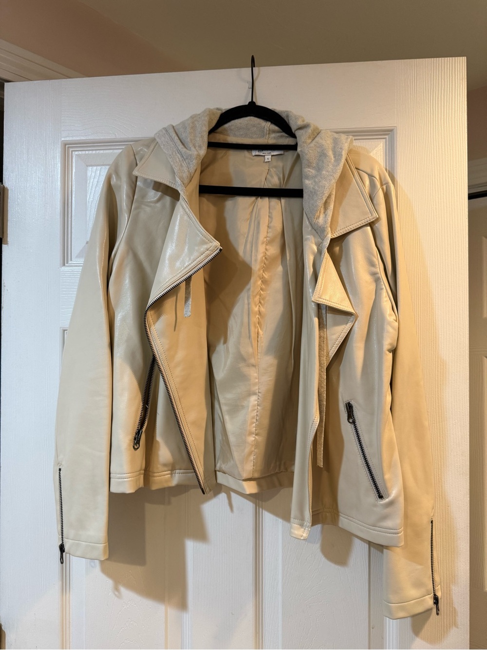 Society Cream Faux Leather Bomber with Removable Gray Hood